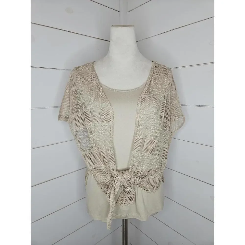 LOT Multiples Medium/P. Large tan open knit cover up & tank set. Tie front cardi